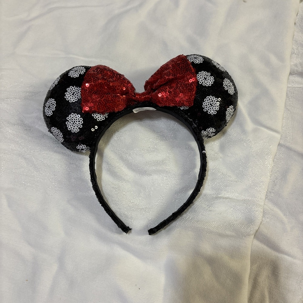 Disney Parks Black Minnie Mouse Ears White Polka Dot Sequin Red‎ Bow Headband